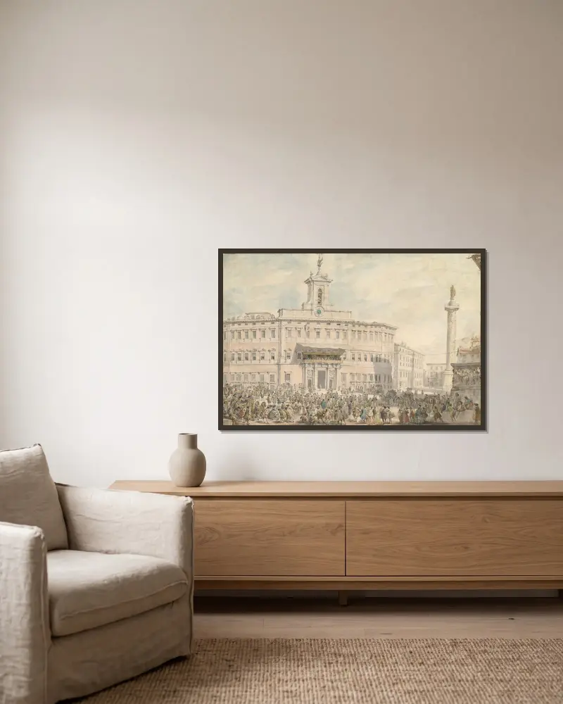 Lotteriet på Piazza di Montecitorio av Giovanni Paolo Panini inramad på en vägg