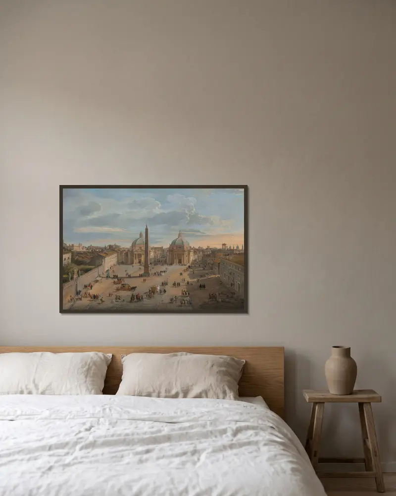 Vy över Piazza del Popolo, Rom av Giovanni Paolo Panini inramad på en vägg