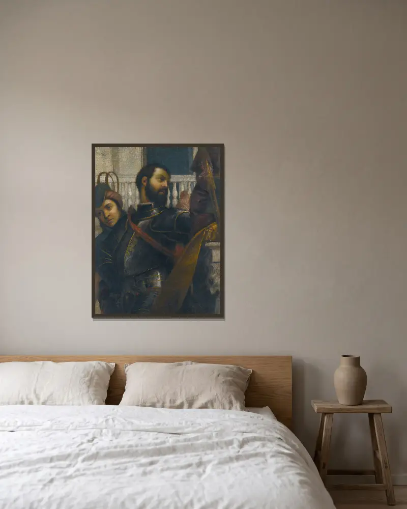 En riddare och hans page av Paolo Veronese inramad på en vägg