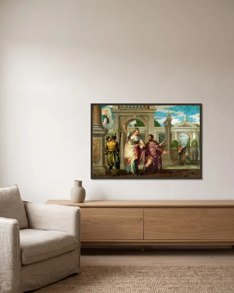 Kejsar Augustus och sibyllan av Paolo Veronese inramad på en vägg