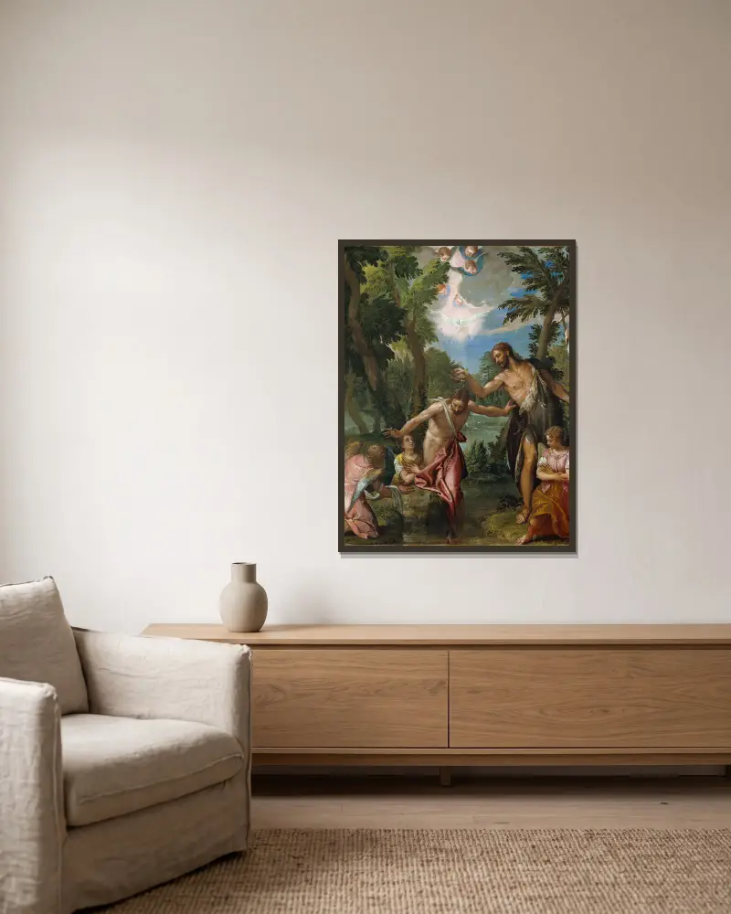 Die Taufe Christi von Paolo Veronese gerahmt an einer Wand