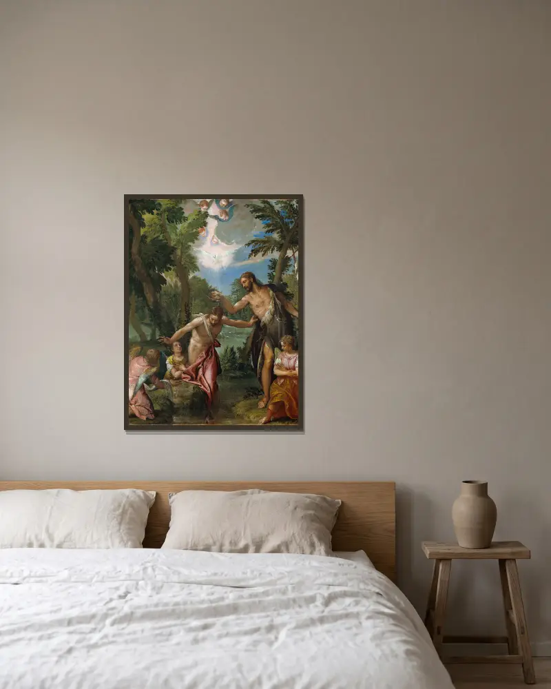 Die Taufe Christi von Paolo Veronese gerahmt an einer Wand