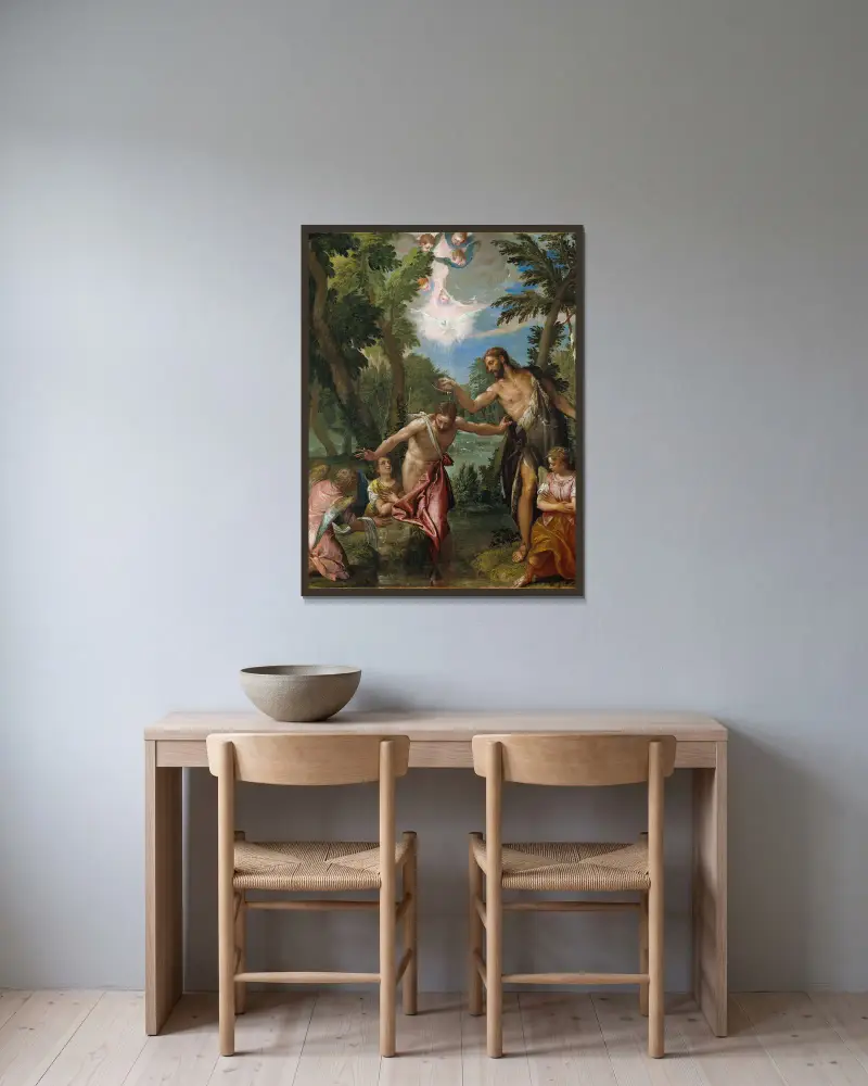 Die Taufe Christi von Paolo Veronese gerahmt an einer Wand