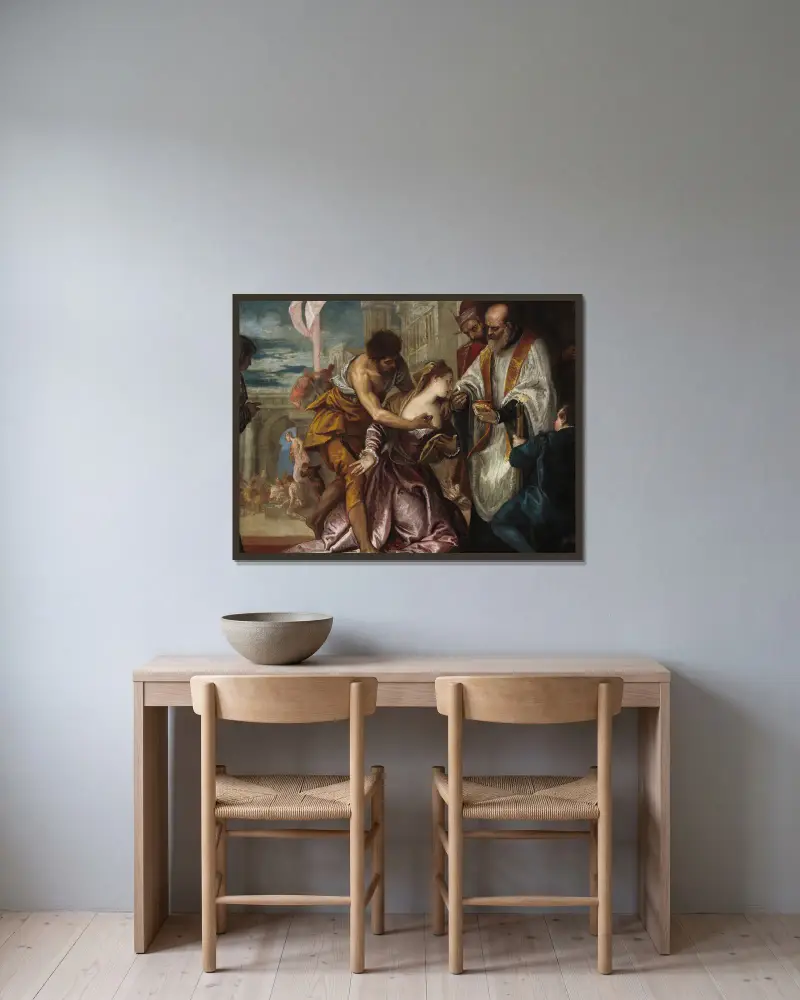Den heliga Lucias martyrium och sista kommunion av Paolo Veronese inramad på en vägg