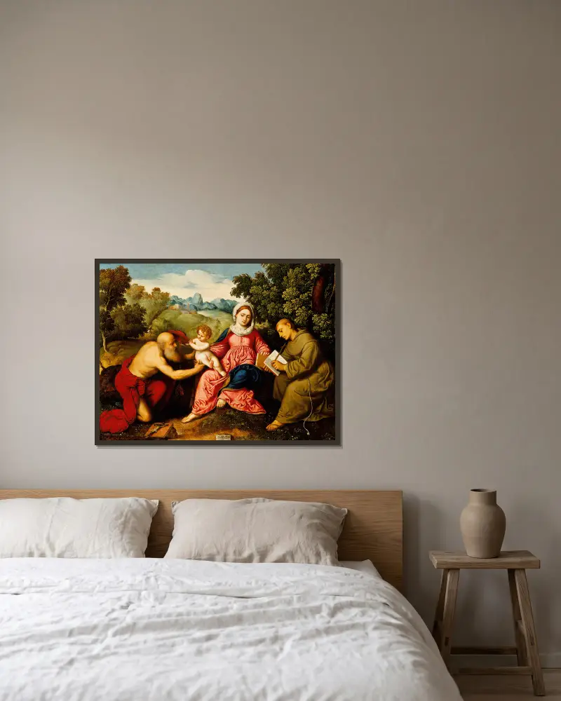 Madonnan med barnet och helgonen Hieronymus och Franciskus av Paris Bordone inramad på en vägg