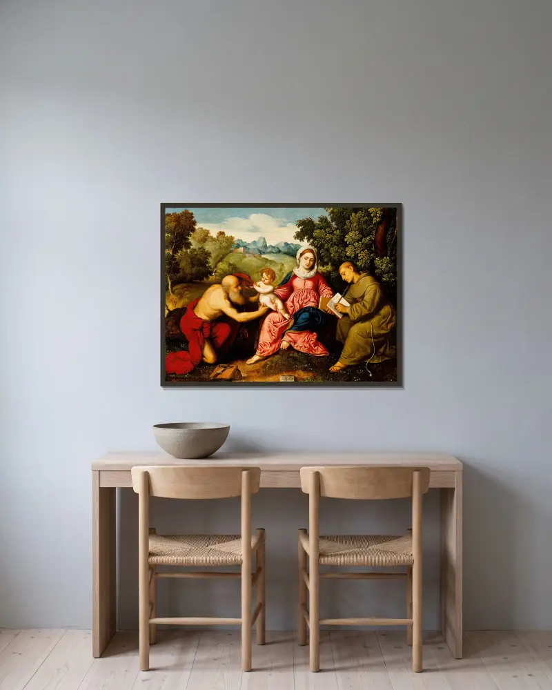 Madonnan med barnet och helgonen Hieronymus och Franciskus av Paris Bordone inramad på en vägg
