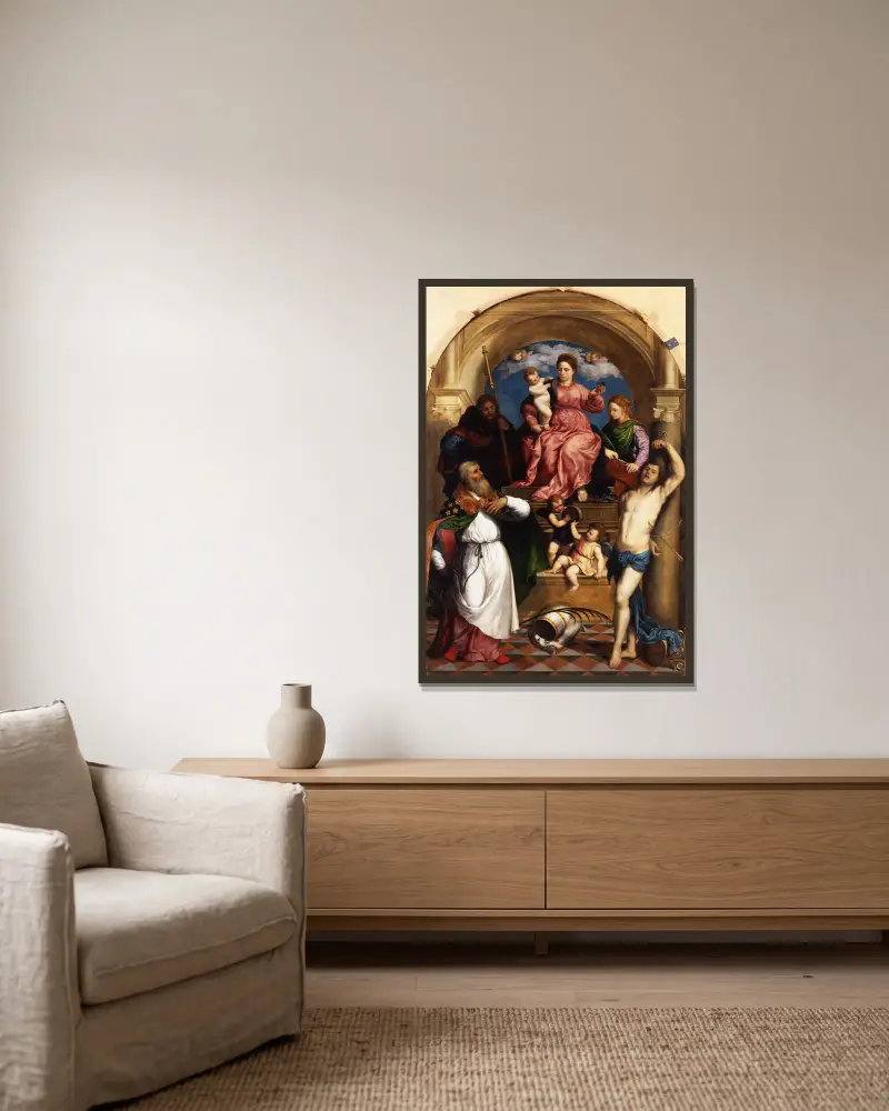 Madonna mit Kind auf dem Thron und Heiligen von Paris Bordone gerahmt an einer Wand