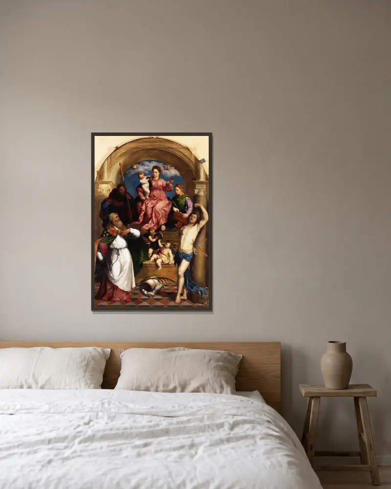 Madonna mit Kind auf dem Thron und Heiligen von Paris Bordone gerahmt an einer Wand