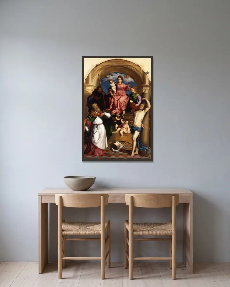 Madonna mit Kind auf dem Thron und Heiligen von Paris Bordone gerahmt an einer Wand