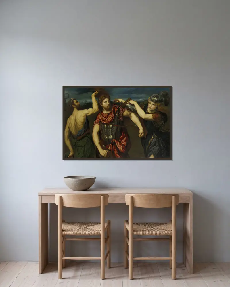 Perseus Armed by Mercury and Minerva av Paris Bordone inramad på en vägg