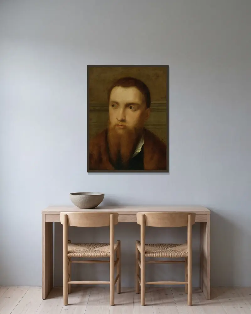 Portrait Of A Bearded Man, Head And Shoulders, In An Interior av Paris Bordone inramad på en vägg