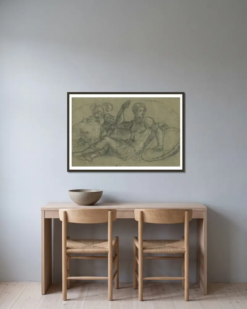 Sittande mansfigur med putto och rustning av Paris Bordone inramad på en vägg