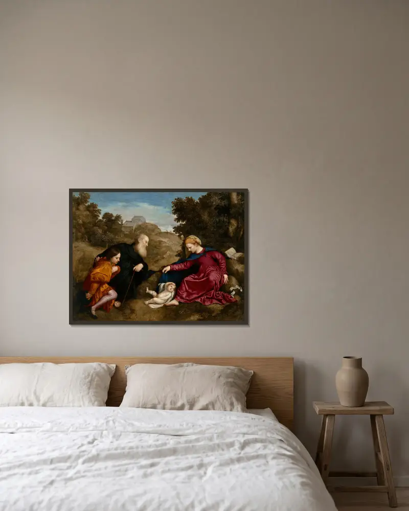 Madonna mit Kind, dem heiligen Antonius Abt und einem jungen Stifter von Paris Bordone gerahmt an einer Wand