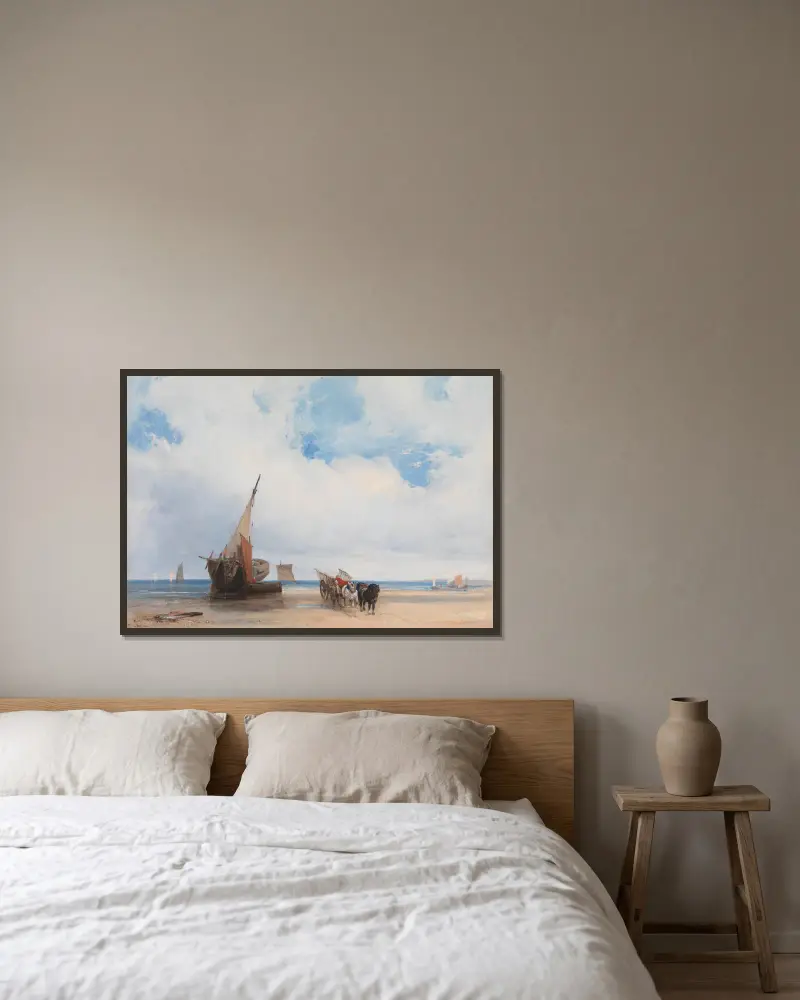 Strandade fartyg och en vagn, nära Trouville, Frankrike av Richard Parkes Bonington inramad på en vägg