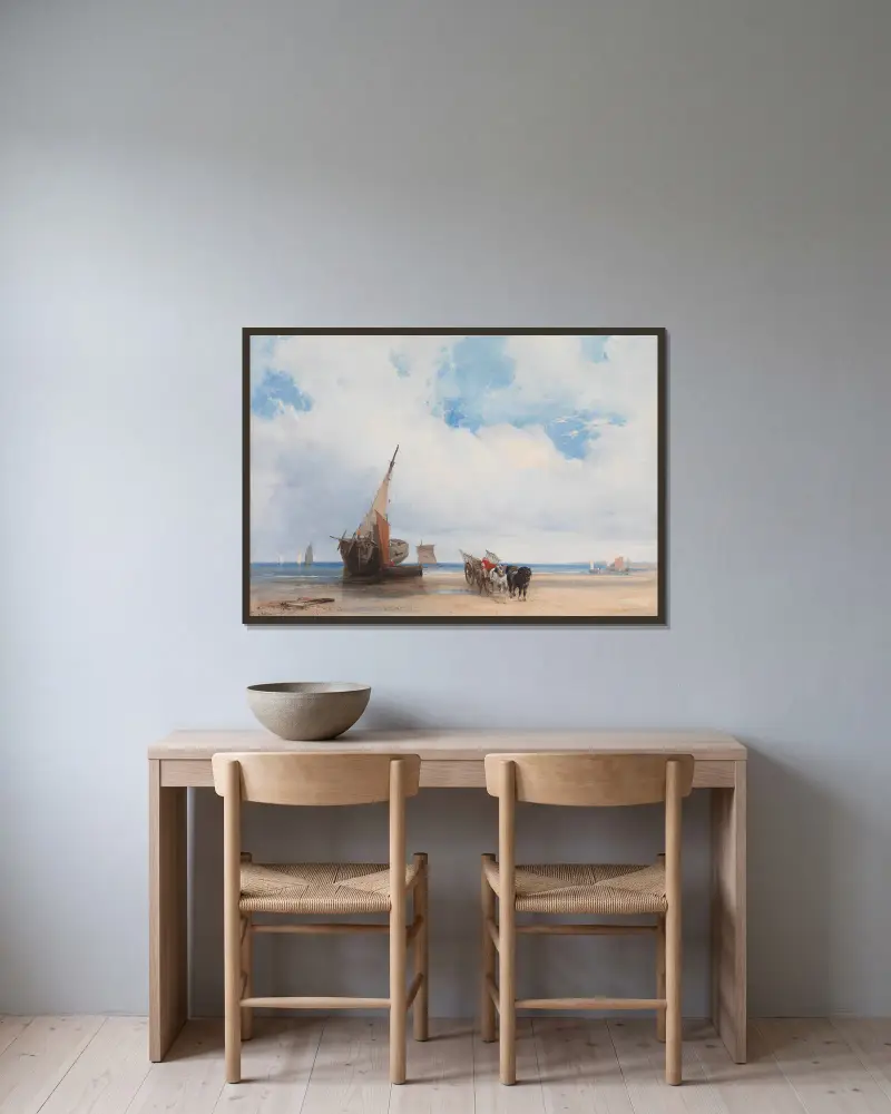 Strandade fartyg och en vagn, nära Trouville, Frankrike av Richard Parkes Bonington inramad på en vägg