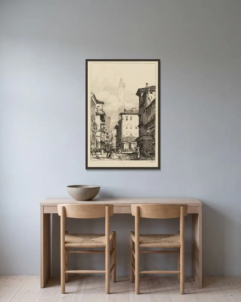 Bologna av Richard Parkes Bonington inramad på en vägg