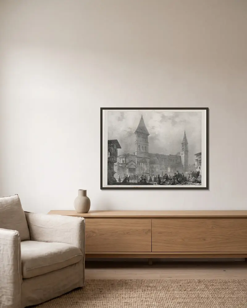 Klosterkyrkan i Tournus av Richard Parkes Bonington inramad på en vägg