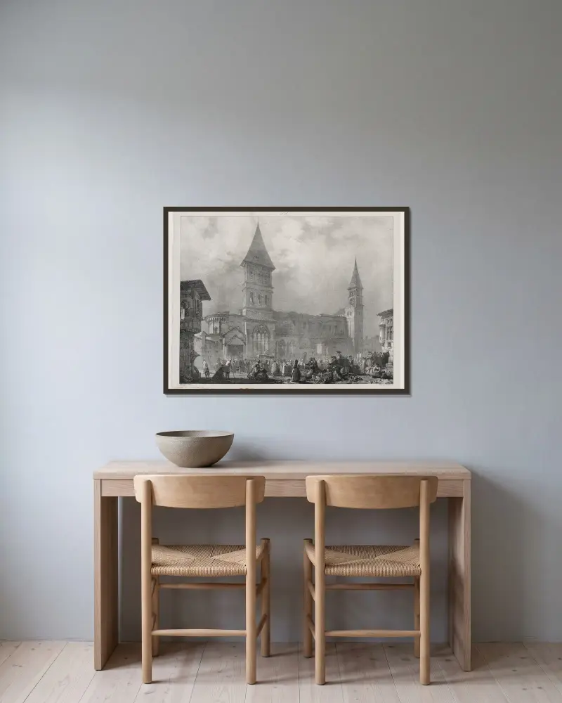 Klosterkyrkan i Tournus av Richard Parkes Bonington inramad på en vägg