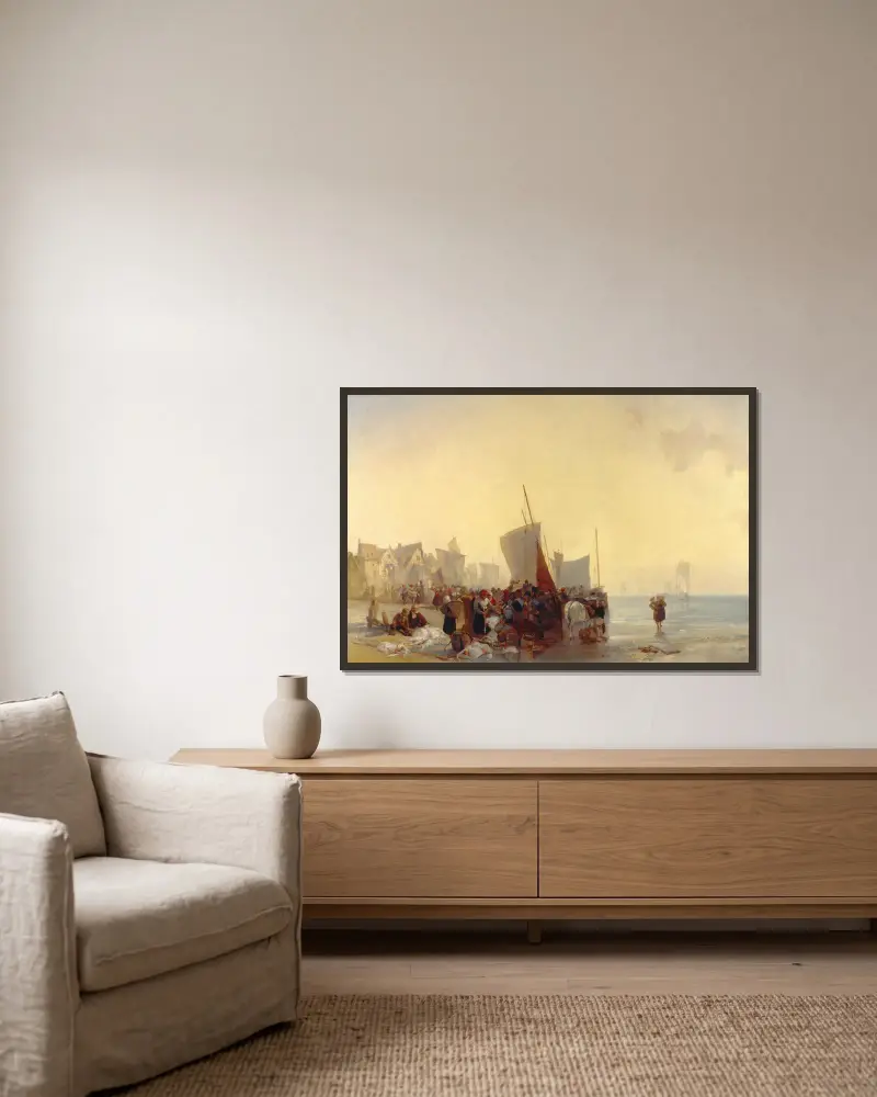 Fishmarket av Richard Parkes Bonington inramad på en vägg