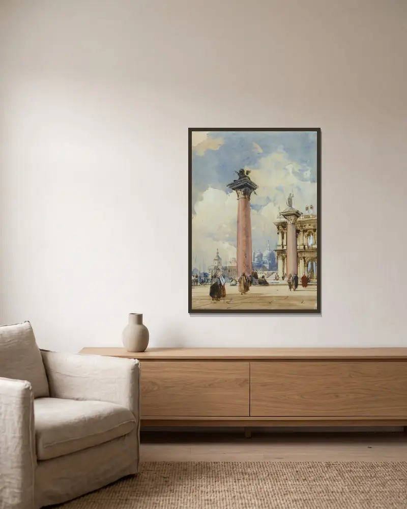 Piazzettan i Venedig av Richard Parkes Bonington inramad på en vägg