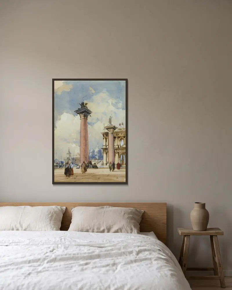 Piazzettan i Venedig av Richard Parkes Bonington inramad på en vägg