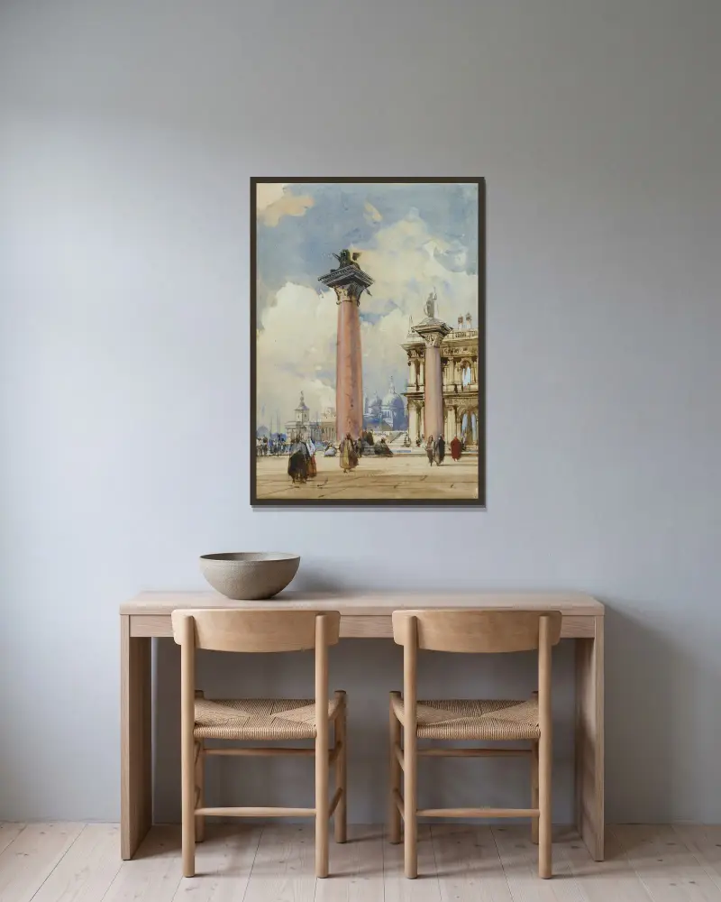 Piazzettan i Venedig av Richard Parkes Bonington inramad på en vägg