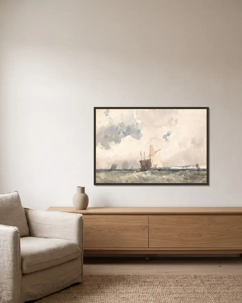 Schiffe auf bewegtem Meer von Richard Parkes Bonington gerahmt an einer Wand