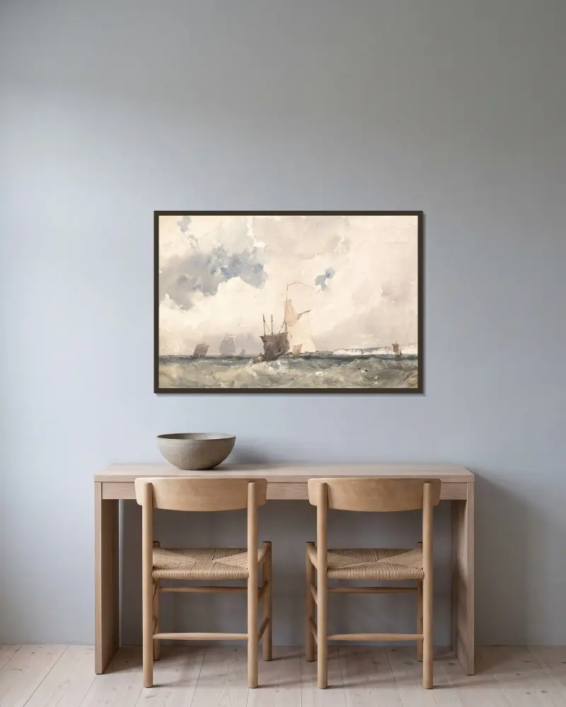 Schiffe auf bewegtem Meer von Richard Parkes Bonington gerahmt an einer Wand