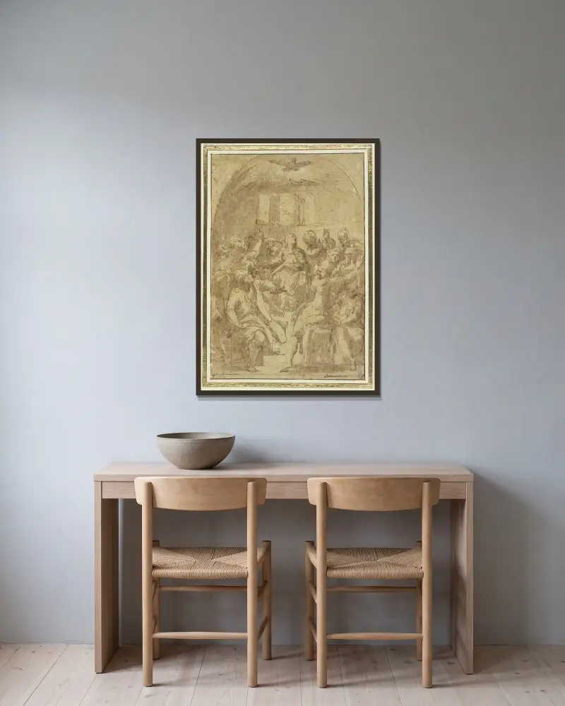 Herabkunft des Heiligen Geistes von Parmigianino gerahmt an einer Wand
