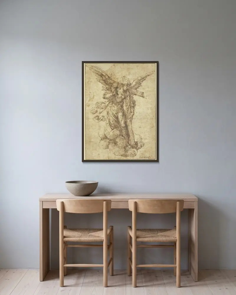 Ein Engel mit Kreuz und Kelch von Parmigianino gerahmt an einer Wand