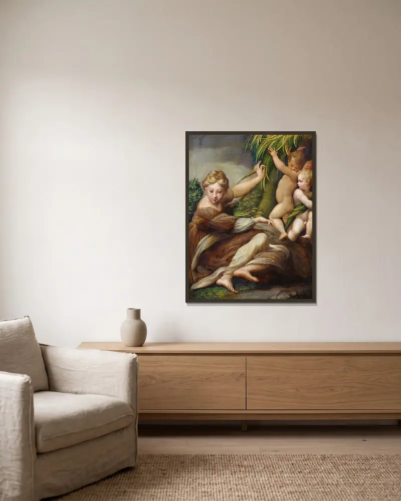 Weibliche Märtyrerin mit Engeln (Heilige Katharina von Alexandria) von Parmigianino gerahmt an einer Wand