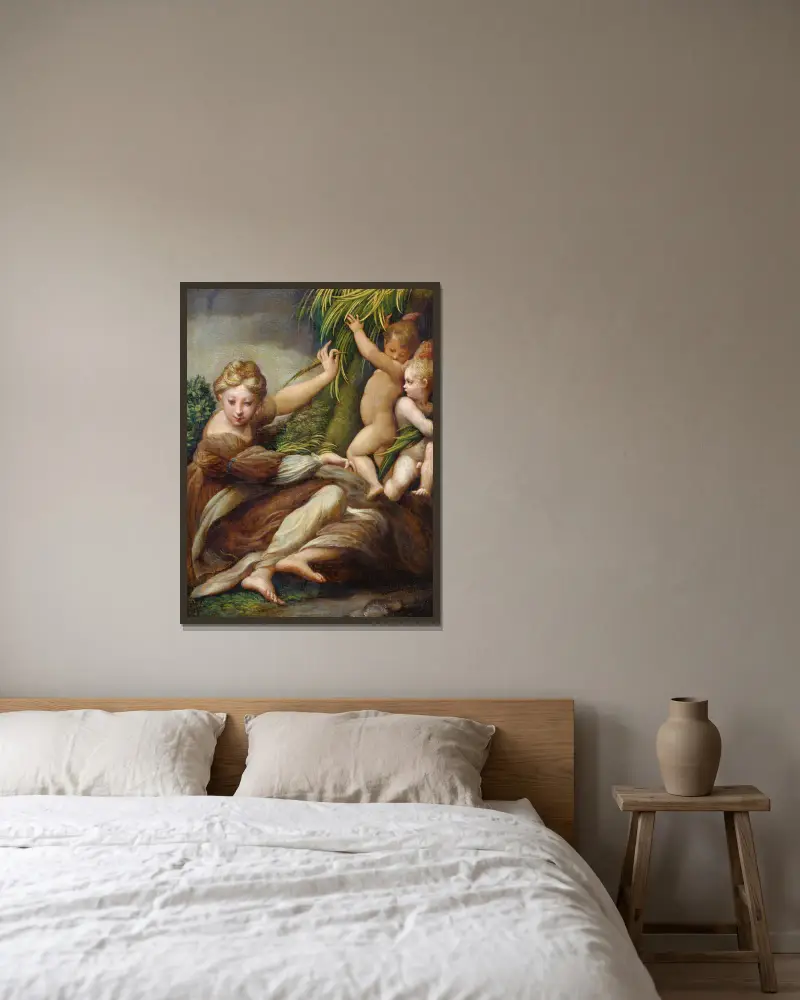 Weibliche Märtyrerin mit Engeln (Heilige Katharina von Alexandria) von Parmigianino gerahmt an einer Wand