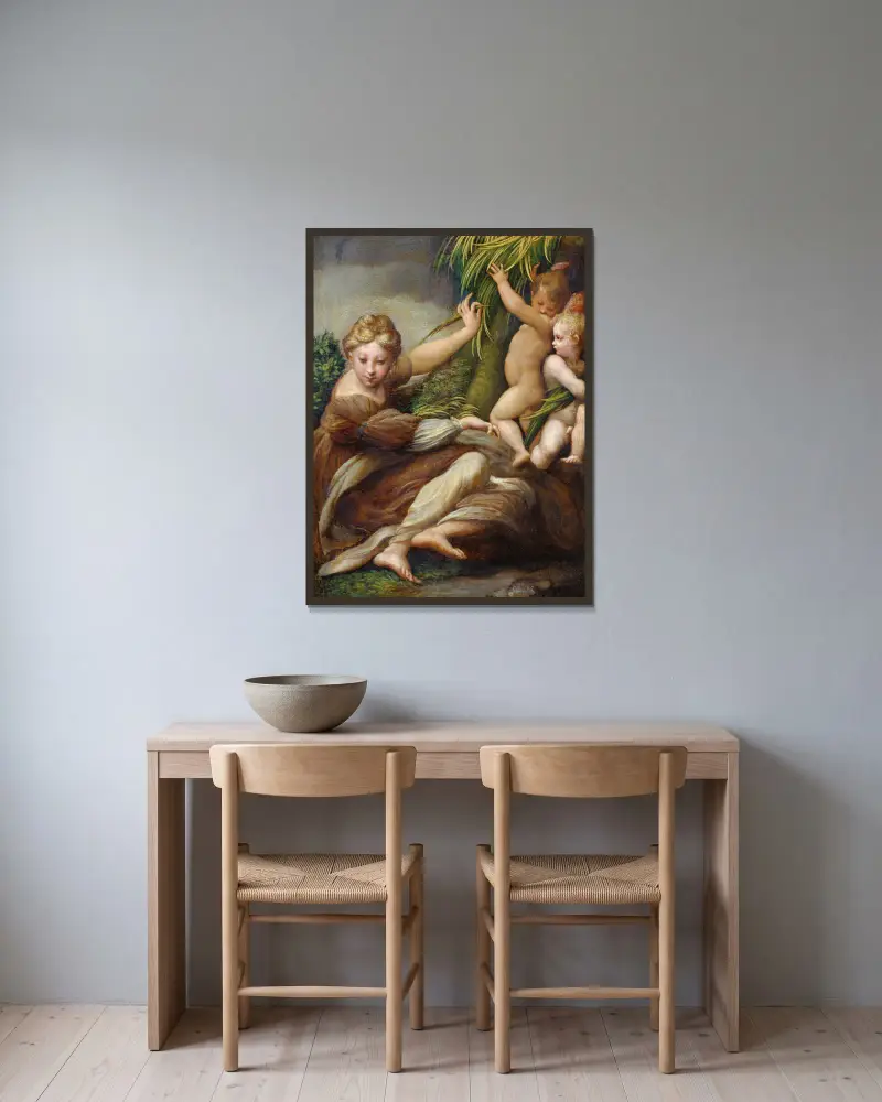 Weibliche Märtyrerin mit Engeln (Heilige Katharina von Alexandria) von Parmigianino gerahmt an einer Wand