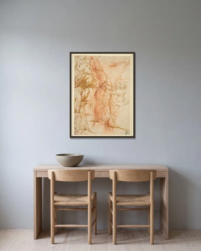 Flera benstudier av putti, inåtgående manlig akt, benstudie och stående figur av Parmigianino inramad på en vägg