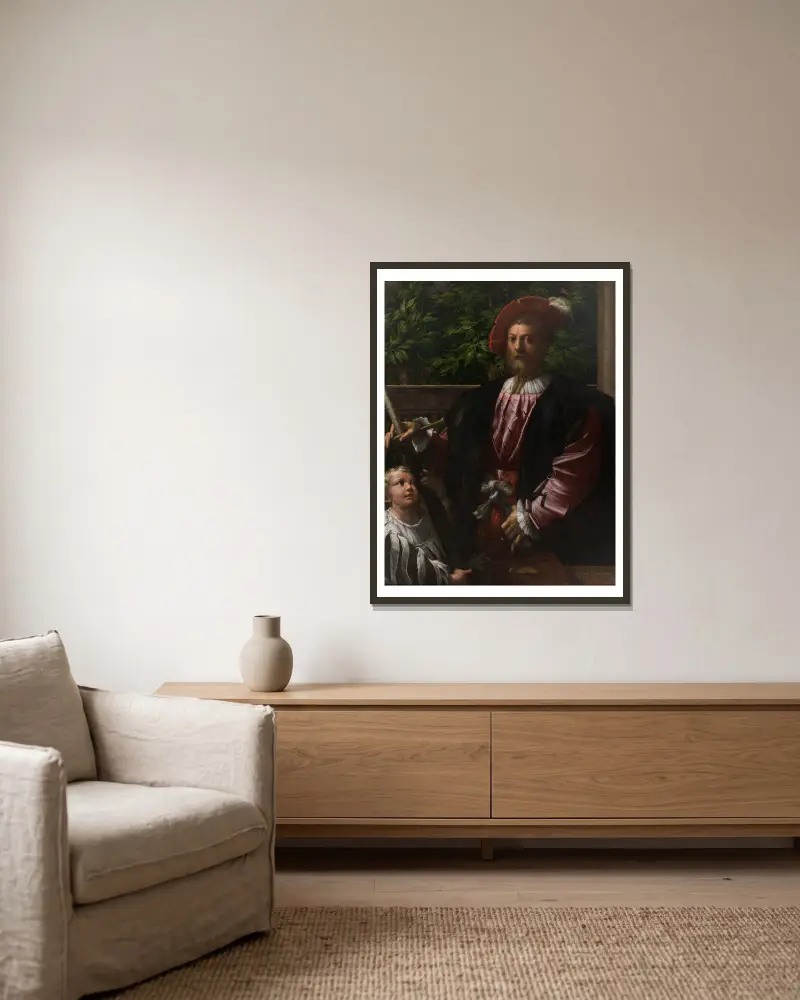 Porträt des Lorenzo Cybo von Parmigianino gerahmt an einer Wand