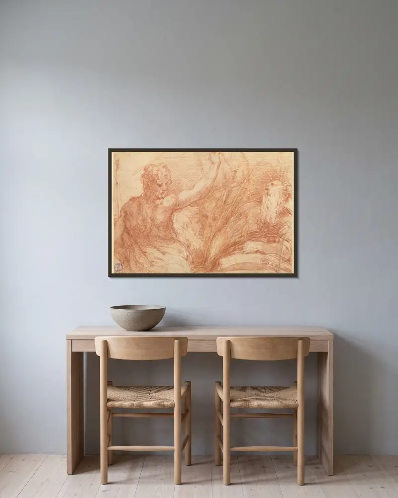 Studier av helgonen Johannes Döparen och Hieronymus, ett krucifix och olika huvuden av Parmigianino inramad på en vägg