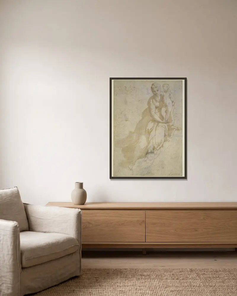 Studie der Madonna mit Kind von Parmigianino gerahmt an einer Wand