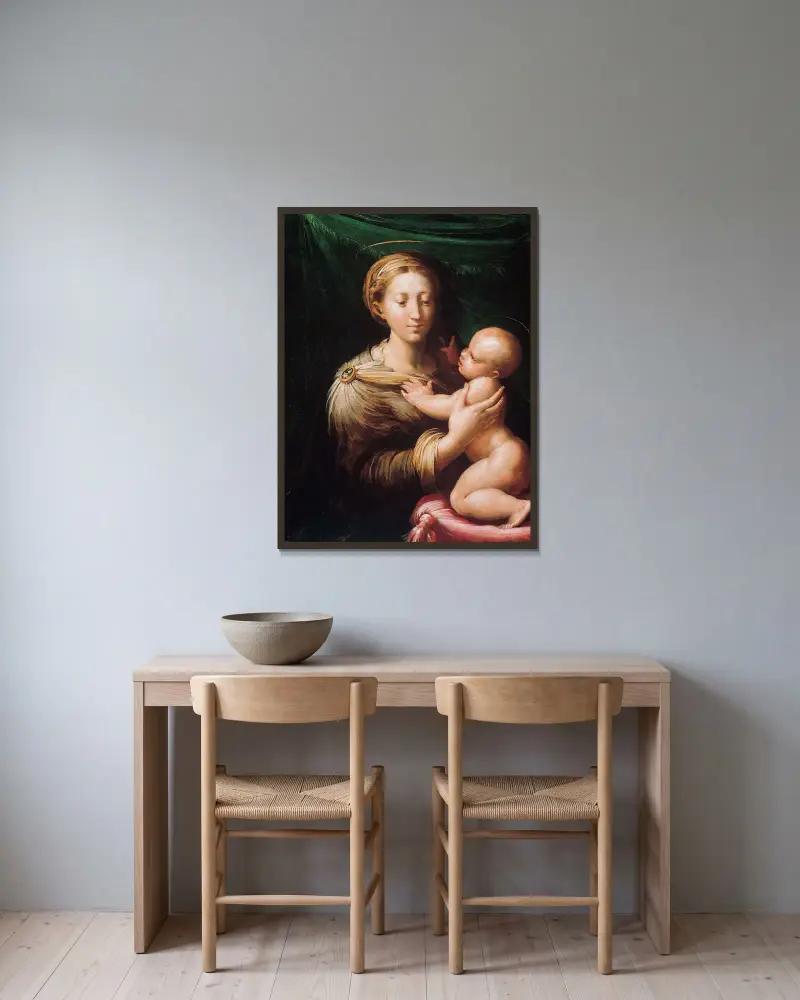 Madonnan och barnet av Parmigianino inramad på en vägg