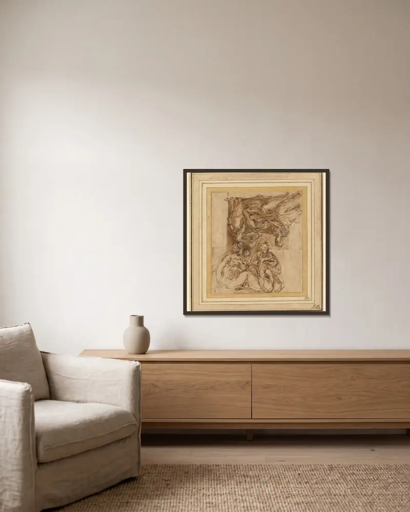Zwei Studien für eine Heilige Familie von Parmigianino gerahmt an einer Wand