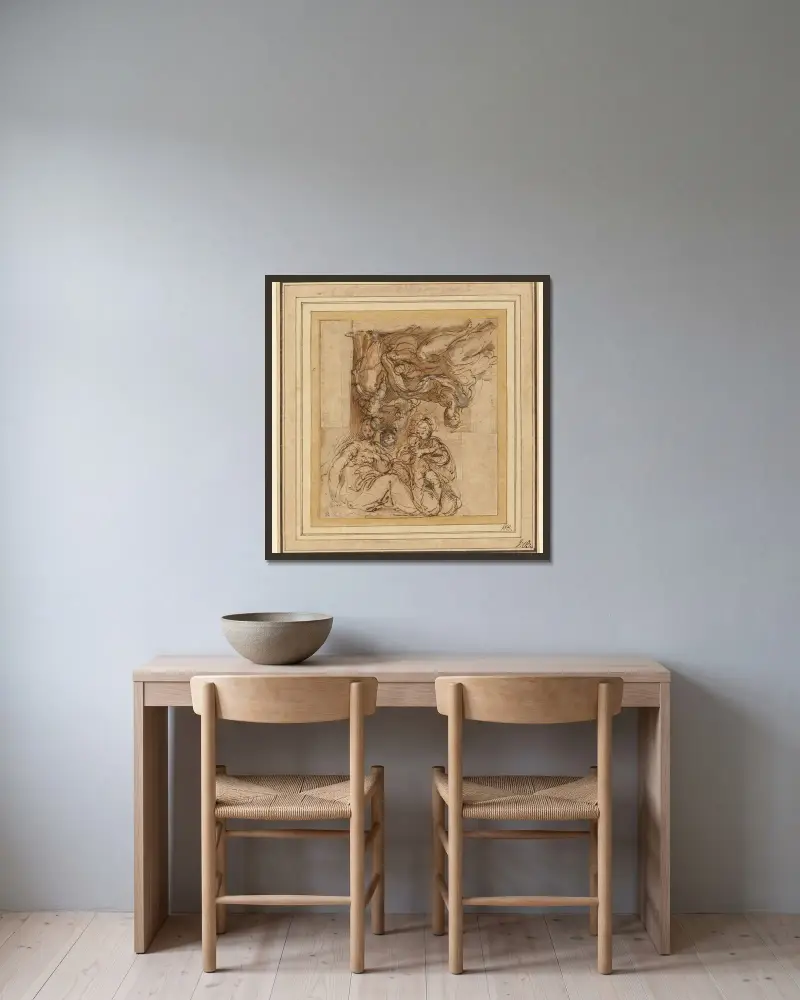 Zwei Studien für eine Heilige Familie von Parmigianino gerahmt an einer Wand