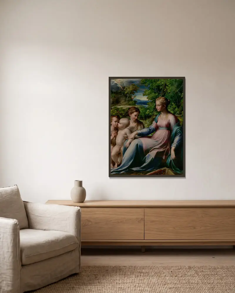 Madonnan med barnet, Johannes döparen och Maria Magdalena av Parmigianino inramad på en vägg