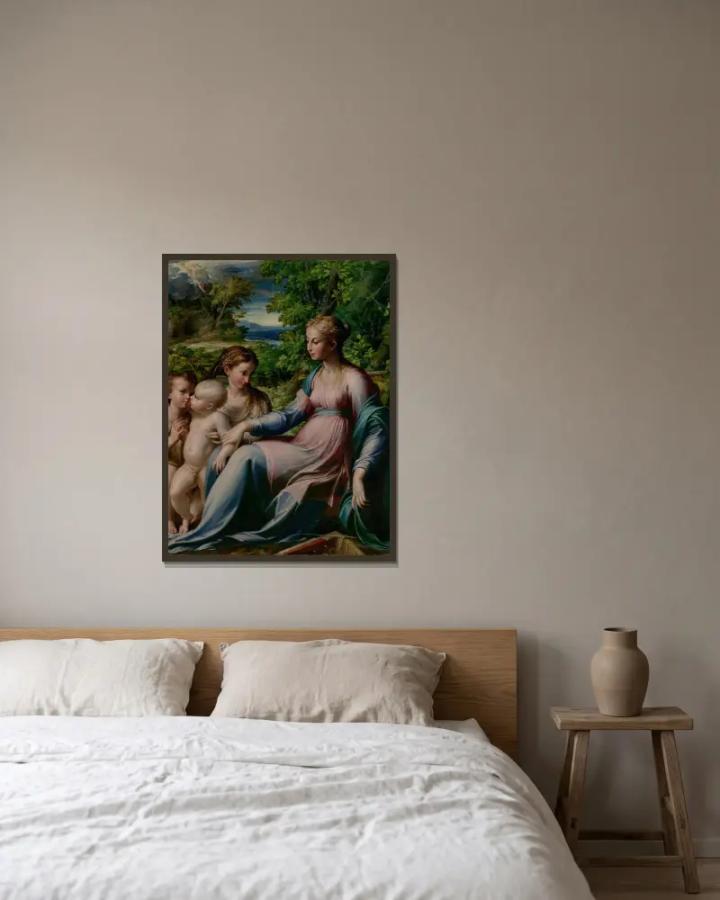 Madonnan med barnet, Johannes döparen och Maria Magdalena av Parmigianino inramad på en vägg