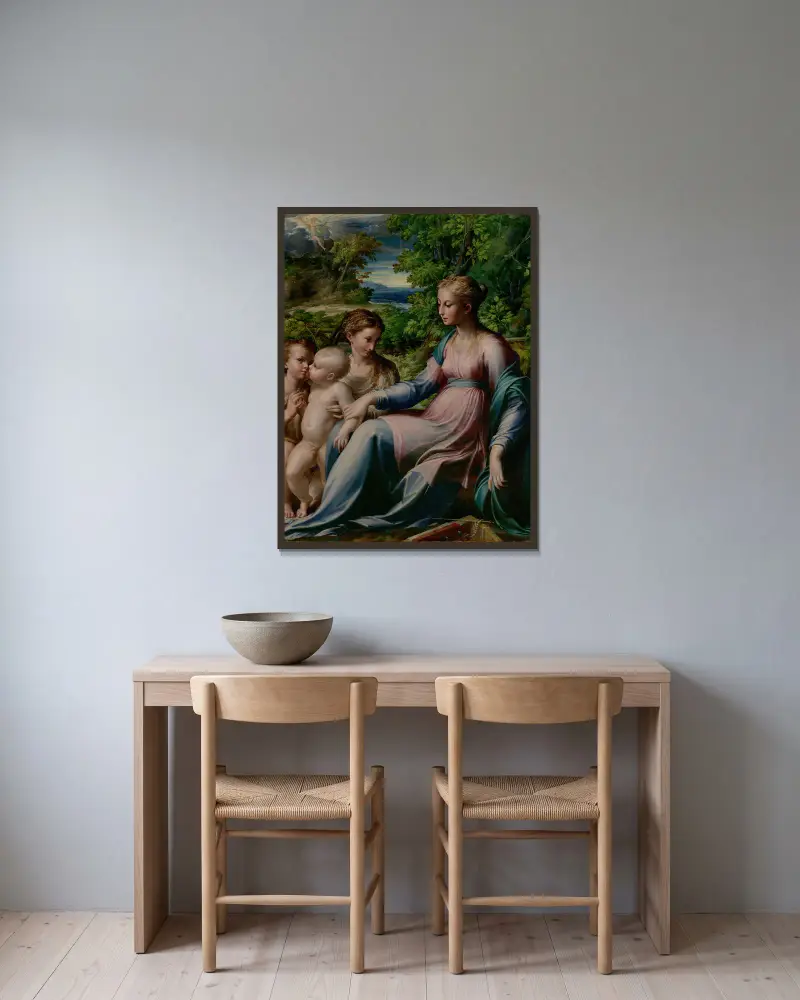 Madonnan med barnet, Johannes döparen och Maria Magdalena av Parmigianino inramad på en vägg
