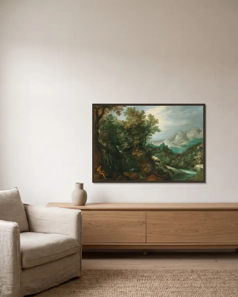 Gebirgige Flusslandschaft mit einem Eremiten von Paul Bril gerahmt an einer Wand
