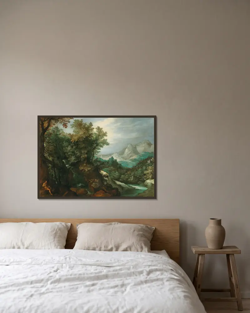 Gebirgige Flusslandschaft mit einem Eremiten von Paul Bril gerahmt an einer Wand