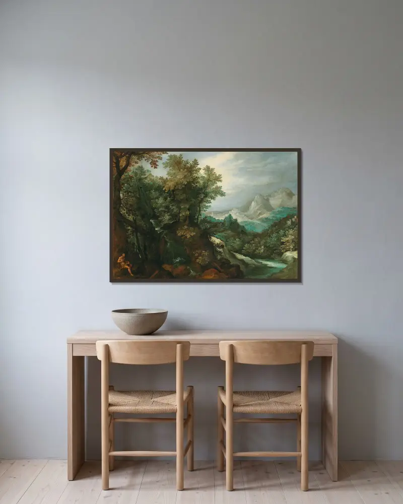 Gebirgige Flusslandschaft mit einem Eremiten von Paul Bril gerahmt an einer Wand