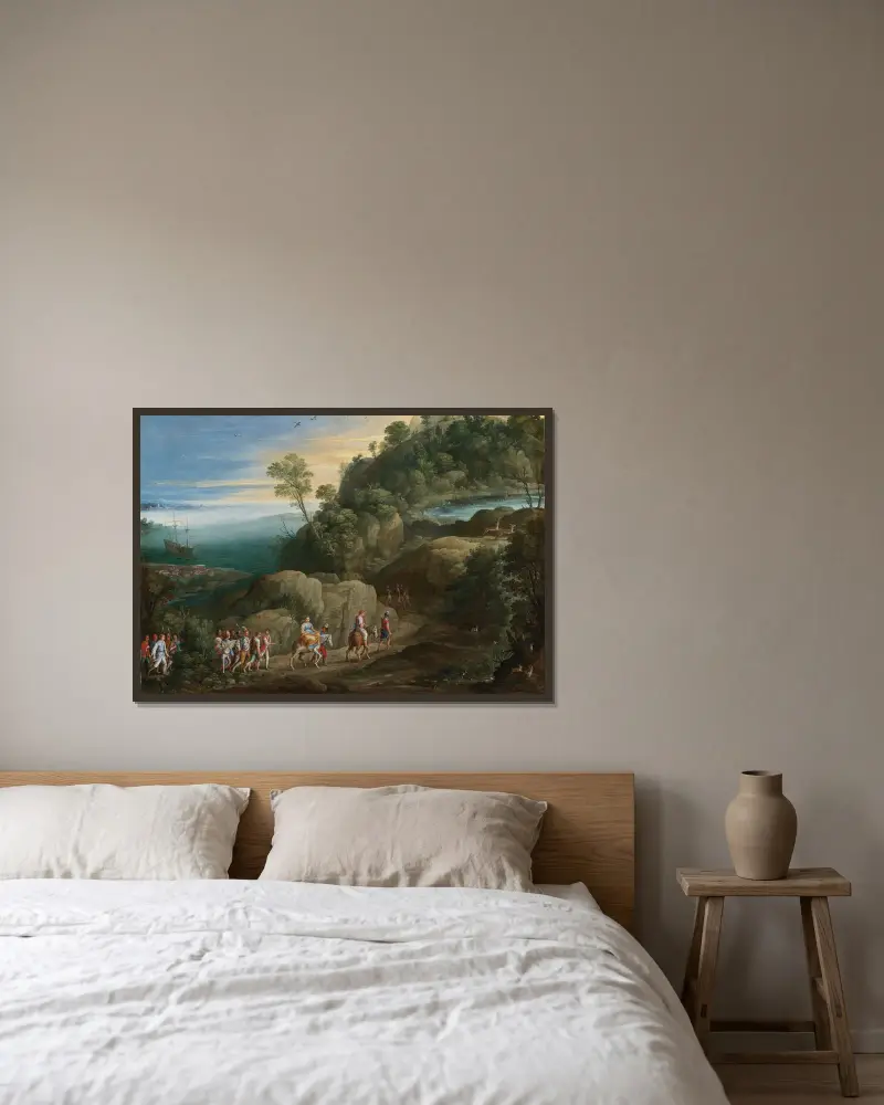 Ett vidsträckt landskap med scener ur Historiae Aethiopica av Paul Bril inramad på en vägg