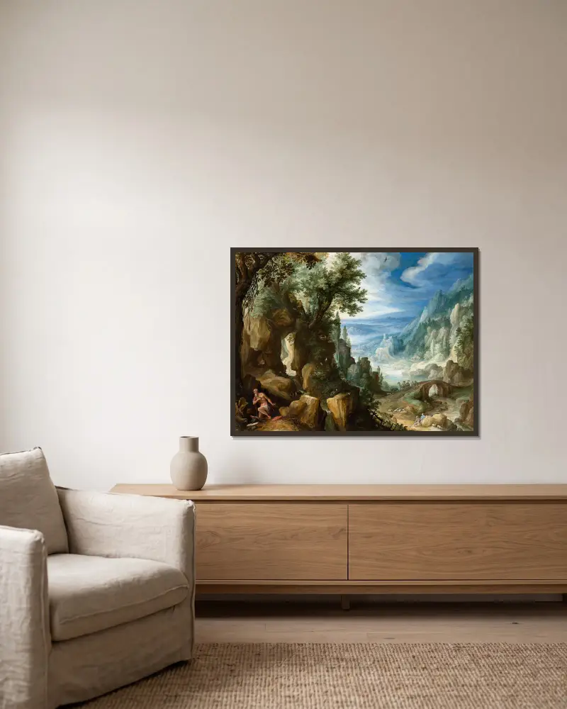 Mountainous Landscape with Saint Jerome av Paul Bril inramad på en vägg