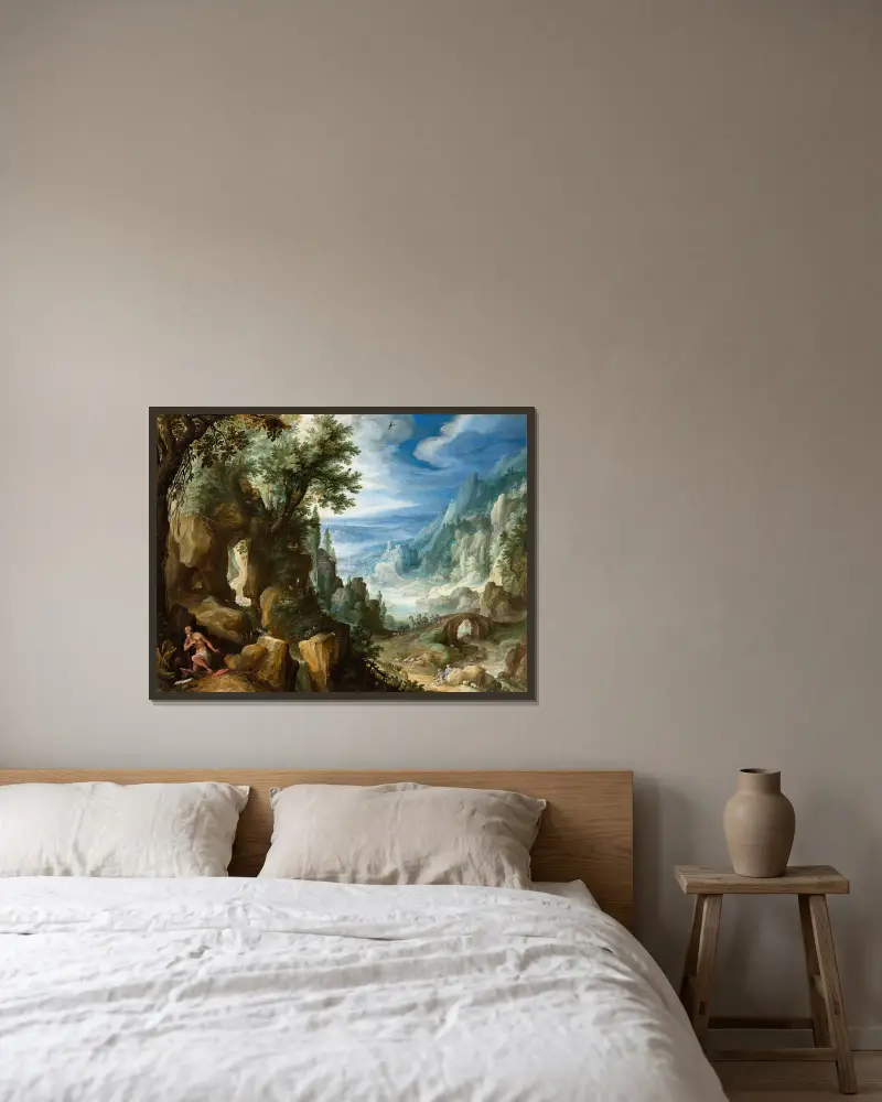 Mountainous Landscape with Saint Jerome av Paul Bril inramad på en vägg