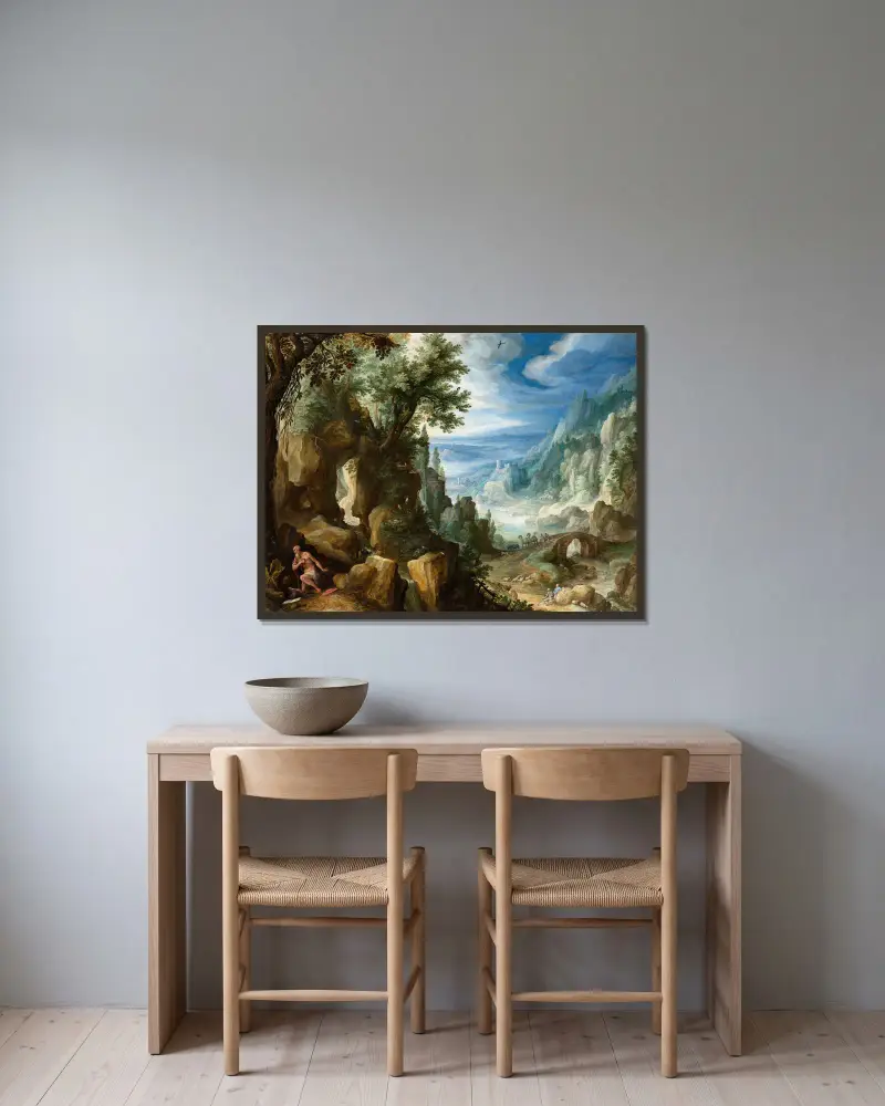 Mountainous Landscape with Saint Jerome av Paul Bril inramad på en vägg